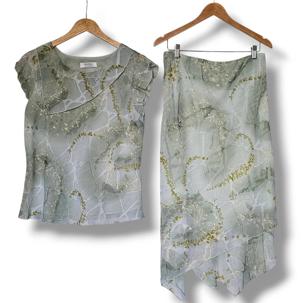 Vtg Y2K Skirt Set 14 Sage Green Handkerchief Hem Tiered 2 Piece Fairy Whimsy 90s
